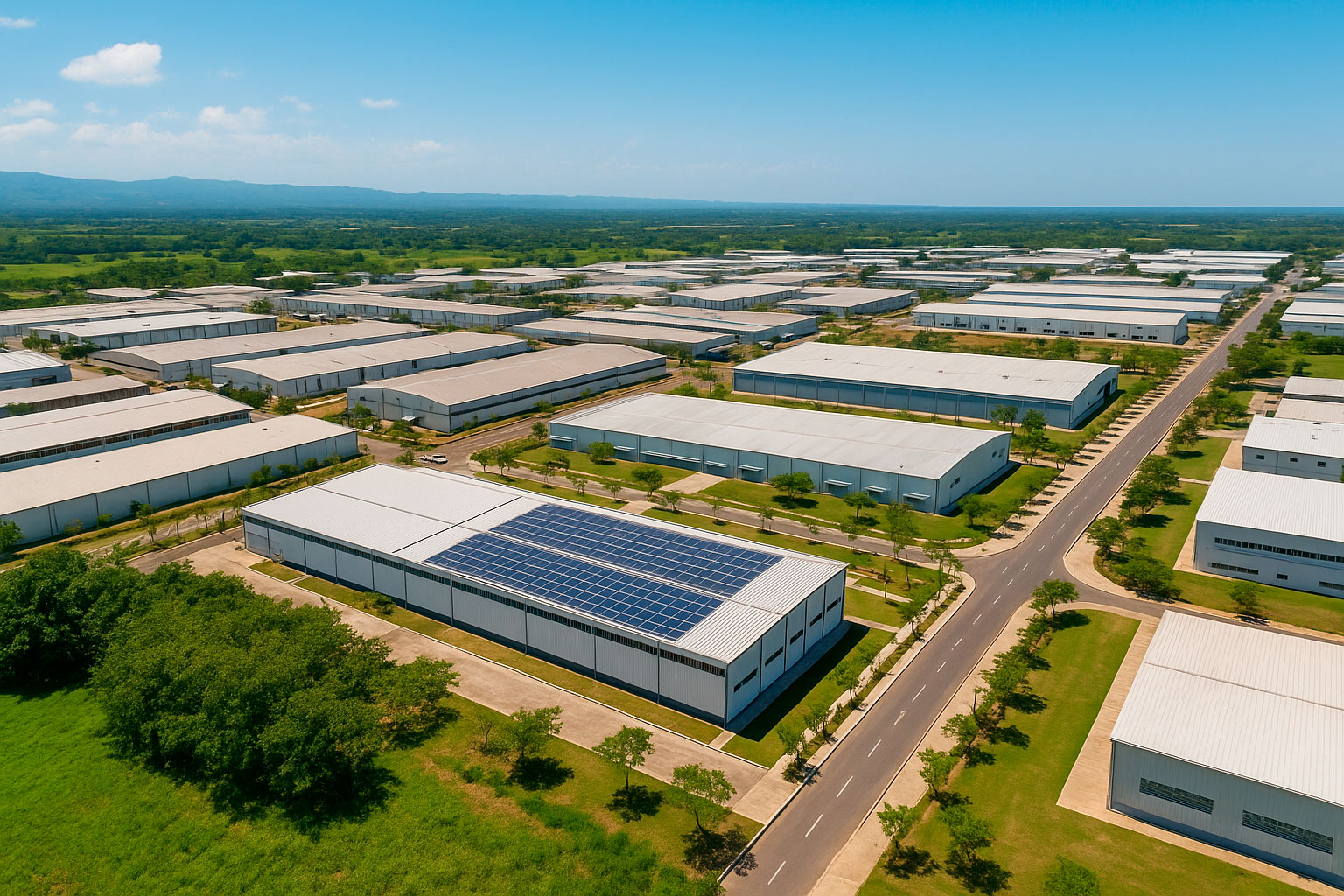 Aerial view of CODEVI industrial park in Haiti showcasing solar panels, eco-friendly infrastructure, and green zones—model of sustainable manufacturing in the Caribbean.